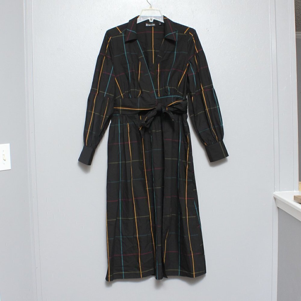New York and company 7th Avenue poplin maxi shirt black plaid wrap tunic